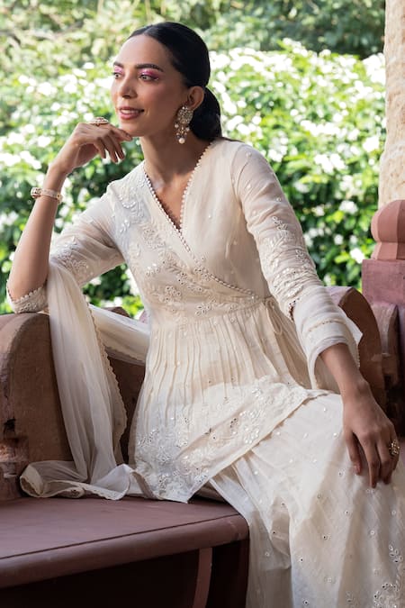 Shop_Preevin_Off White Cotton, Tulle, Net Mirrors, Flower Pattern Peplum Angrakha Sharara Set _at_Aza_Fashions
