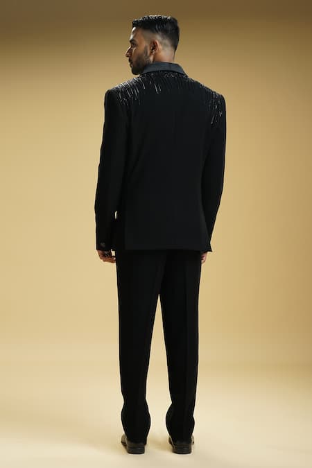Shop Kommal Sood Black Kupro Embroidered Cutdana Tonal And Sequin Tuxedo Trouser Set at Aza Fashions Shop_Kommal Sood_Black Kupro Embroidered Cutdana Tonal And Sequin Tuxedo Trouser Set _at_Aza_Fashions