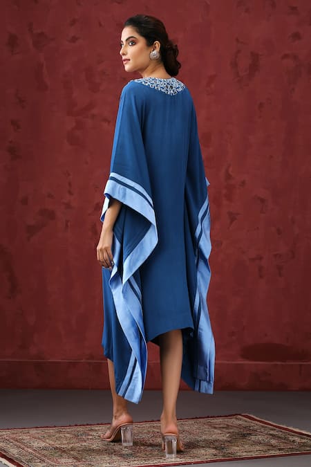 Shop_Minaki_Blue Georgette, Satin Mirrors V-neck Embroidered Neckline Kaftan _at_Aza_Fashions