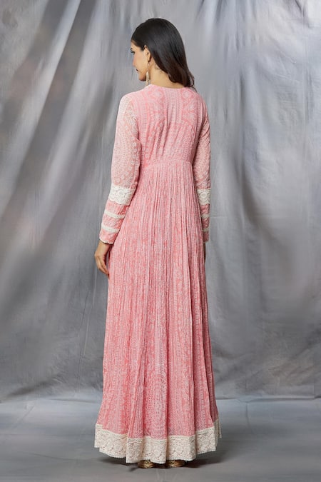 Shop Aksh Pink Georgette, Taffeta Lace, Fit And Flare Printed Anarkali With Dupatta at Aza Fashions Shop_Aksh_Pink Georgette, Taffeta Lace, Fit And Flare Printed Anarkali With Dupatta_at_Aza_Fashions