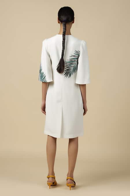 Shop Shahin Mannan White Satin, Crepe Embroidery Round Neck Big Leaf Dress at Aza Fashions Shop_Shahin Mannan_White Satin, Crepe Embroidery Round Neck Big Leaf Dress _at_Aza_Fashions