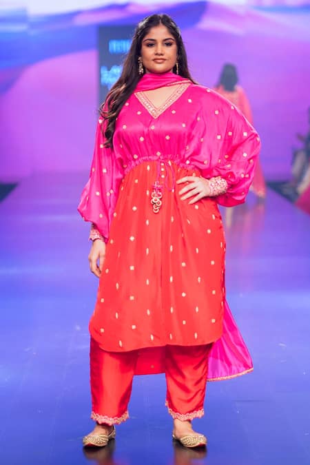 Shop Punit Balana Red Silk Embroidery V-neck Hand Tunic With Pant at Aza Fashions Shop_Punit Balana_Red Silk Embroidery V-neck Hand Tunic With Pant _at_Aza_Fashions