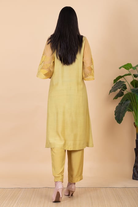 Shop Chambray & CO. Yellow Silk Embroidery Collared Floral Thread Kurta Set at Aza Fashions Shop_Chambray & CO._Yellow Silk Embroidery Collared Floral Thread Kurta Set _at_Aza_Fashions