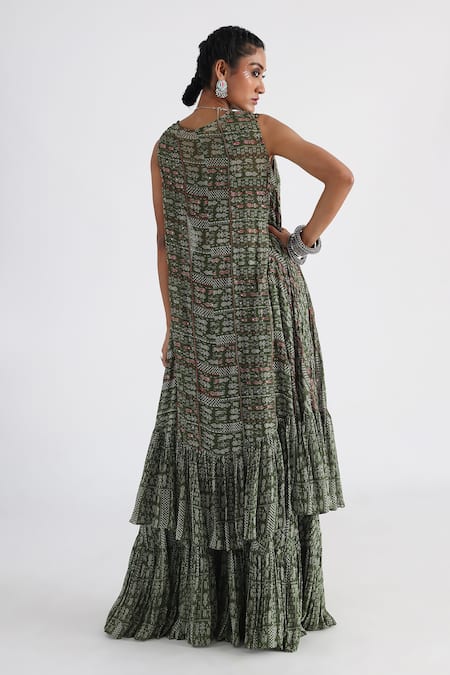 Shop Smriti By Anju Agarwal Green Linen, Viscose, Taffeta Embroidery, Printed Cape And Tiered Flared Pant Set at Aza Fashions Shop_Smriti By Anju Agarwal_Green Linen, Viscose, Taffeta Embroidery, Printed Cape And Tiered Flared Pant Set _at_Aza_Fashions
