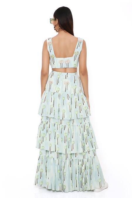 Shop Payal Singhal Blue Georgette Embroidery Palm Tree Motifs Square Neck Crop Top And Skirt Set at Aza Fashions Shop_Payal Singhal_Blue Georgette Embroidery Palm Tree Motifs Square Neck Crop Top And Skirt Set_at_Aza_Fashions