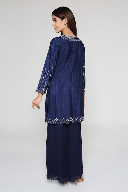 Shop Bha Sha Blue Silk, Georgette, Net, Cotton Mirrors, Prachi Short Kurta Sharara Set at Aza Fashions Shop_Bha Sha_Blue Silk, Georgette, Net, Cotton Mirrors, Prachi Short Kurta Sharara Set _at_Aza_Fashions