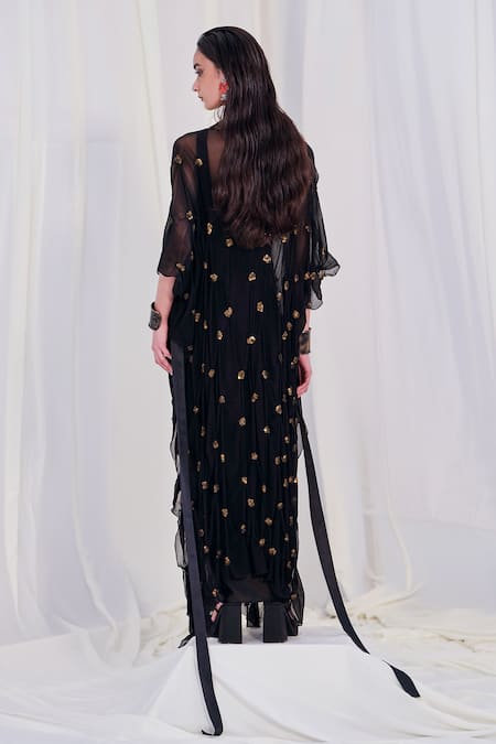 Shop AK-OK Black Silk Sequins Round Neck, Embroidered Dress And Crop Top Set at Aza Fashions Shop_AK-OK_Black Silk Sequins Round Neck, Embroidered Dress And Crop Top Set _at_Aza_Fashions