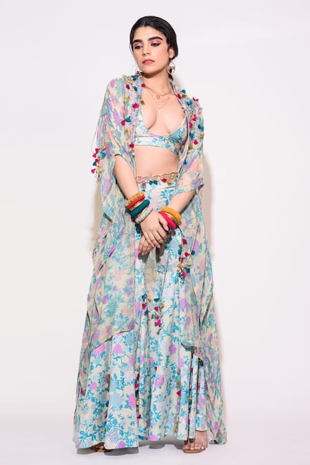 Shop Aangan By Parul Blue Silk, Chiffon Tassels Scoop , Open Embellished Kaftan Palazzo Set at Aza Fashions Shop_Aangan By Parul_Blue Silk, Chiffon Tassels Scoop , Open Embellished Kaftan Palazzo Set _at_Aza_Fashions