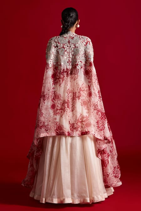 Shop_Bhumika Sharma_Red Organza, Net Sequins, Embroidery Scoop Neck Blossom Print Cape Lehenga Set _at_Aza_Fashions