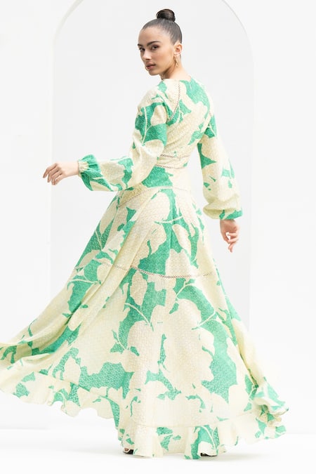 Mandira Wirk Resort_Green Chanderi Lace V-neck Leaf Print High Low Hem Dress _Online_at_Aza_Fashions