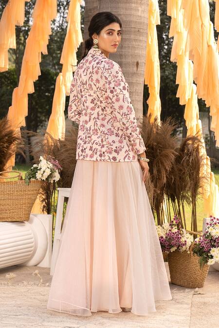 Shop_Chhavvi Aggarwal_Cream Crepe Printed Floral Jacket Notched Lapel Collar Embroidered And Skirt Set _at_Aza_Fashions