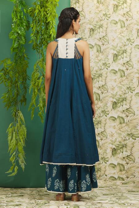 Shop Alaya Advani Blue Cotton Embroidery Round Neck Peacock Anarkali And Palazzo Set at Aza Fashions Shop_Alaya Advani_Blue Cotton Embroidery Round Neck Peacock Anarkali And Palazzo Set_at_Aza_Fashions