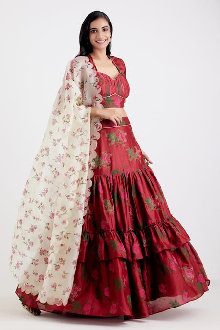 Label Earthen_White Chanderi, Organza Silk Printed Lehenga Set _Online_at_Aza_Fashions