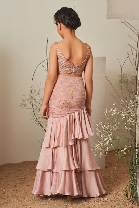 Shop_Merge Design_Pink Silk, Modal, Chiffon Sequins, Beads Fish Cut Embroidered Skirt Set _at_Aza_Fashions