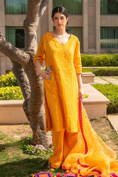 Shop_Soniya G_Yellow Handloom Cotton, Chiffon Sequins, Beads V-neck Kurta Pant Set _at_Aza_Fashions