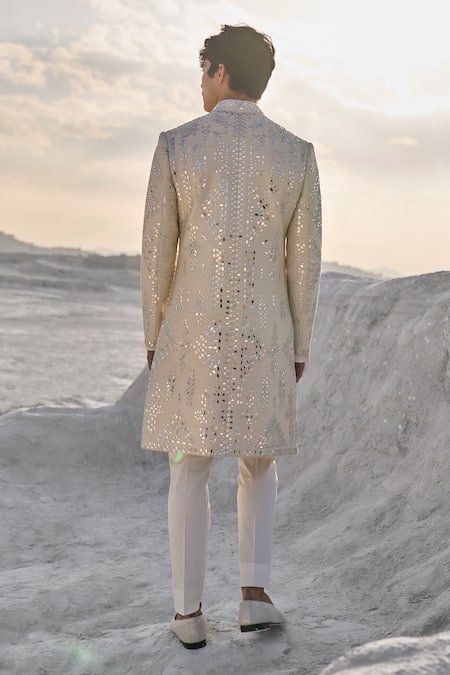 Seema Gujral_Off White Silk, Polyester Mirrors Embroidered Sherwani Set _Online_at_Aza_Fashions