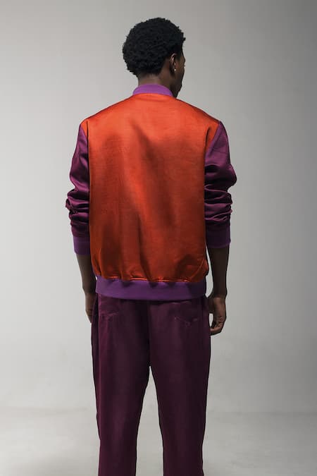 Shop_Jatin Malik_Orange Linen, Silk Embroidery Ombre Bomber Jacket _at_Aza_Fashions