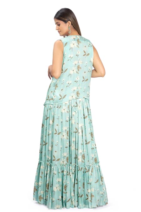 Shop Vana Ethnics Blue Satin, Viscose Embroidery, Floral Print Ruffle Jacket And Lehenga Set For Kids at Aza Fashions Shop_Vana Ethnics_Blue Satin, Viscose Embroidery, Floral Print Ruffle Jacket And Lehenga Set For Kids_at_Aza_Fashions