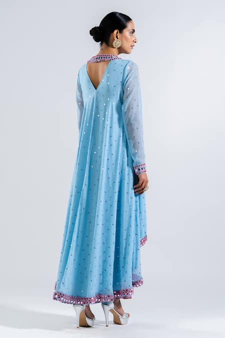 Shop Vvani By Vani Vats Blue Georgette, Silk Mirrors, Embroidery Round Neck Work Kurta Palazzo Set at Aza Fashions Shop_Vvani By Vani Vats_Blue Georgette, Silk Mirrors, Embroidery Round Neck Work Kurta Palazzo Set _at_Aza_Fashions
