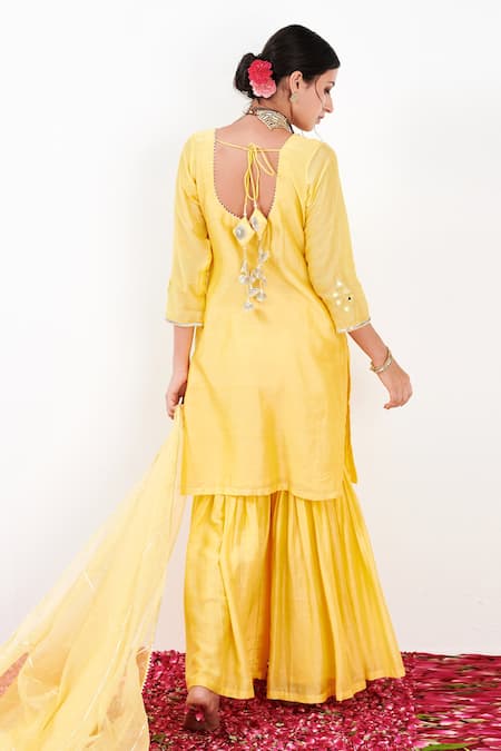 Shop Label Flamingo By Vrinda Yellow Cotton, Silk, Organza Pearls, Sequins, Mirrorwork Kurta Sharara Set at Aza Fashions Shop_Label Flamingo By Vrinda_Yellow Cotton, Silk, Organza Pearls, Sequins, Mirrorwork Kurta Sharara Set _at_Aza_Fashions