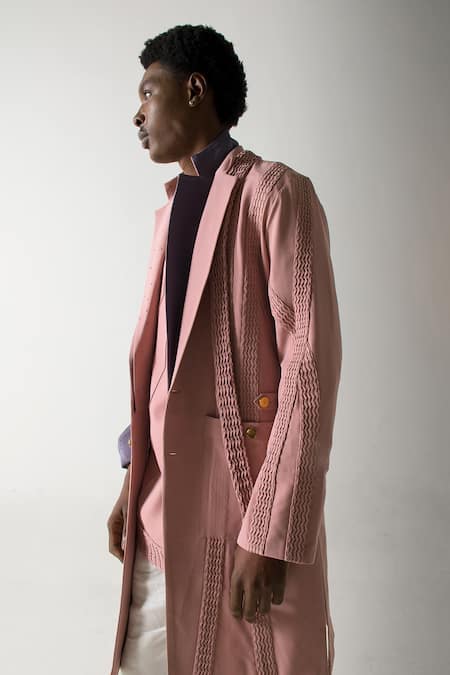 Shop Jatin Malik Pink Embroidery Pintuck Overcoat With Belt at Aza Fashions Shop_Jatin Malik_Pink Embroidery Pintuck Overcoat With Belt _at_Aza_Fashions