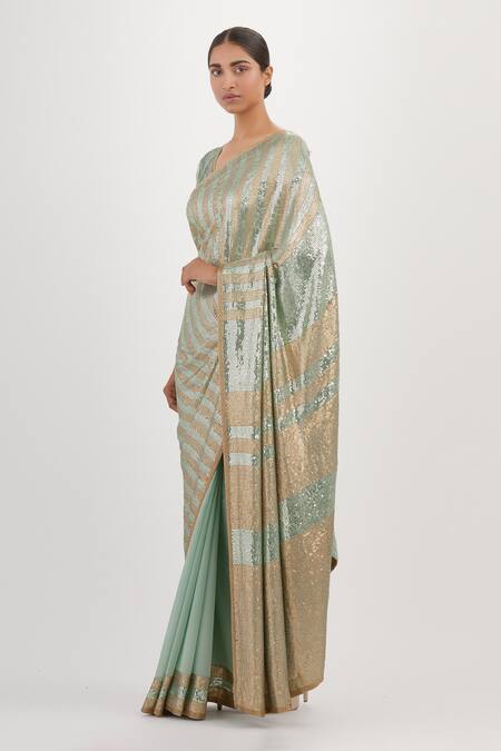 Nakul Sen_Blue Chiffon Sequin Embroidered Saree With Blouse_Online_at_Aza_Fashions