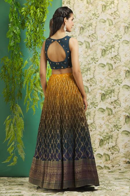 Shop_Aariyana Couture_Blue Silk, Chiffon, Net Pearls, Sequins, Banarasi Lehenga Embroidered Blouse Set_at_Aza_Fashions