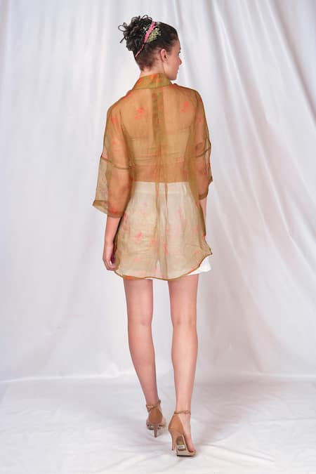 Shop Seesa Green Organza, Silk Sequins Mandarin Collar Sheer Printed Shirt at Aza Fashions Shop_Seesa_Green Organza, Silk Sequins Mandarin Collar Sheer Printed Shirt _at_Aza_Fashions