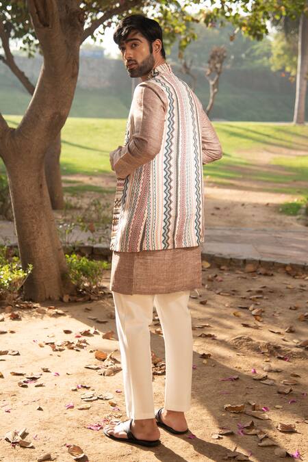 Shop_Soniya G_Ivory Silk, Handloom Cotton Embroidery Geometric Print Bundi And Kurta Set _at_Aza_Fashions