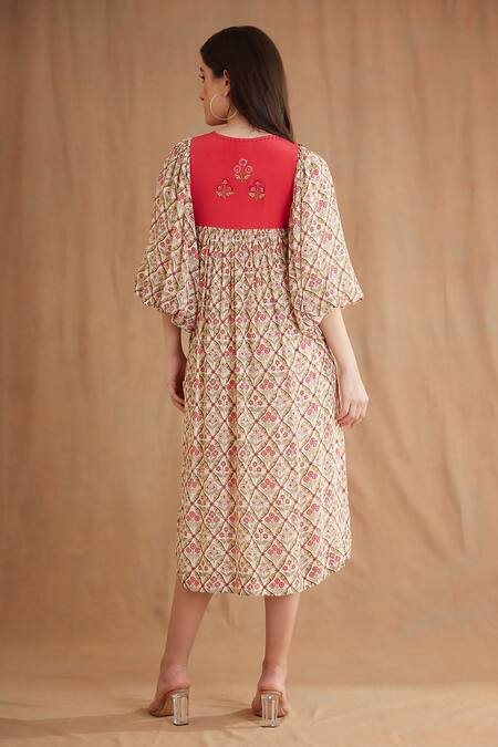 Shop_Nikasha_Red Viscose, Cotton Beads, Sequins Keyhole Yoke Embroidered Kurta And Pant Set _at_Aza_Fashions