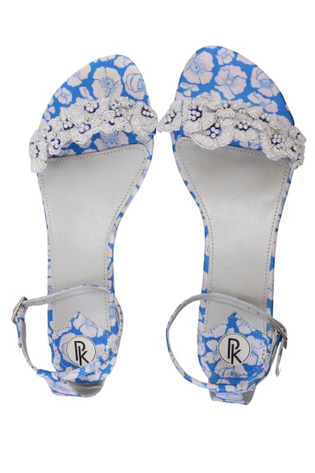 Shop Preet Kaur Blue Embroidery Floral Print Sandals at Aza Fashions Shop_Preet Kaur_Blue Embroidery Floral Print Sandals _at_Aza_Fashions