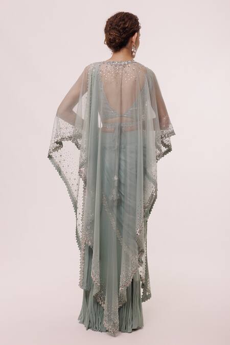 Shop Onaya Blue Georgette Embellished Sequin V Neck Jacket And Pre-stitched Saree Set at Aza Fashions Shop_Onaya_Blue Georgette Embellished Sequin V Neck Jacket And Pre-stitched Saree Set _at_Aza_Fashions