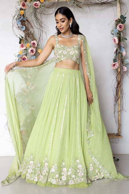 Sunita Bhandari_Green Organza, Viscose Sequins, Cut Work, Embroidery Floral Lehenga Set _Online_at_Aza_Fashions