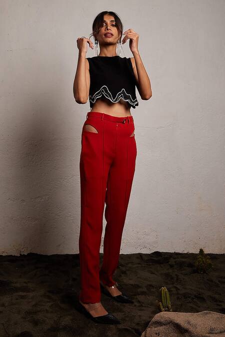 Pocket Stories_Black Microfiber Beads Round Neck Wave Pattern Crop Top _Online_at_Aza_Fashions