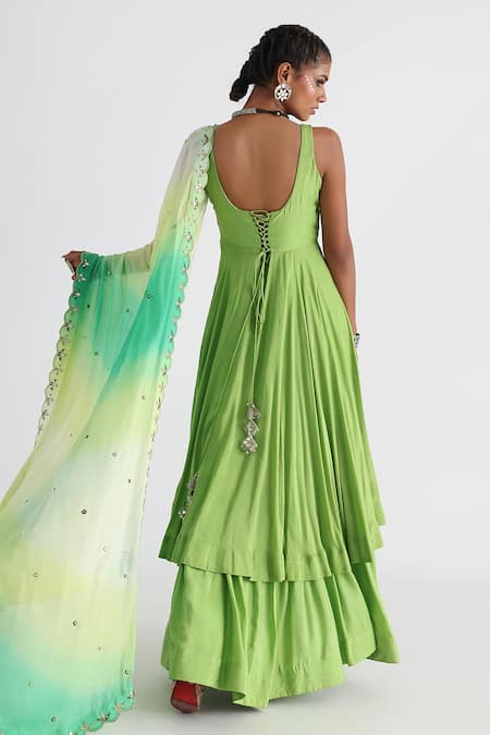 Shop_Smriti By Anju Agarwal_Green Bamboo, Silk, Crepe, Chiffon Embroidery, Mirrors V-neck Anarkali Set _at_Aza_Fashions