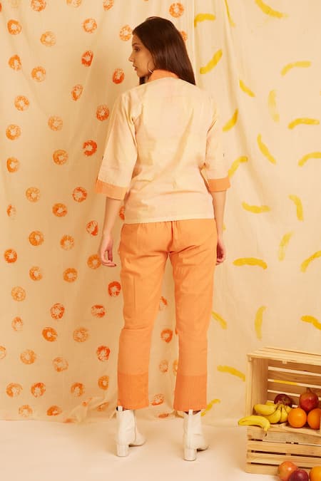 Shop Banana Labs Orange Cotton Patchwork Collared Hand Block Print Shirt And Pant Set at Aza Fashions Shop_Banana Labs_Orange Cotton Patchwork Collared Hand Block Print Shirt And Pant Set _at_Aza_Fashions
