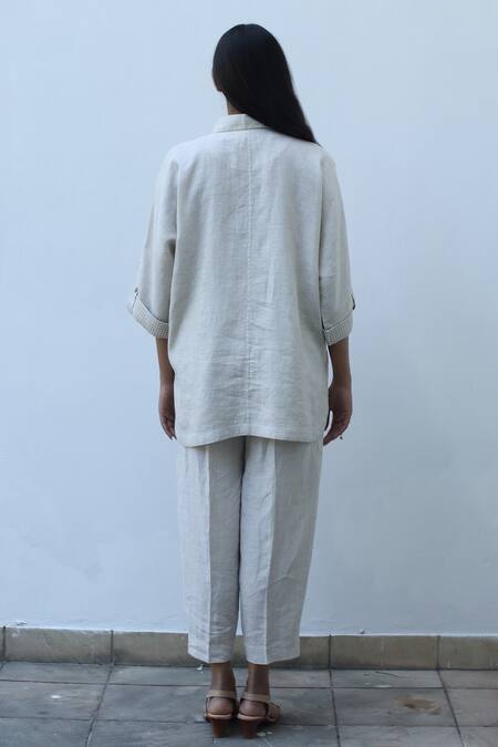 Shop_Linen Bloom_Beige Linen Applique Collared Horse Motif Shirt _at_Aza_Fashions