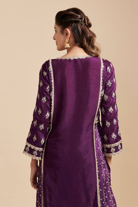 Shop Mulmul Purple Vegan Silk Embroidery Zari Notched Neck Flower Vine Kurta Set at Aza Fashions Shop_Mulmul_Purple Vegan Silk Embroidery Zari Notched Neck Flower Vine Kurta Set _at_Aza_Fashions