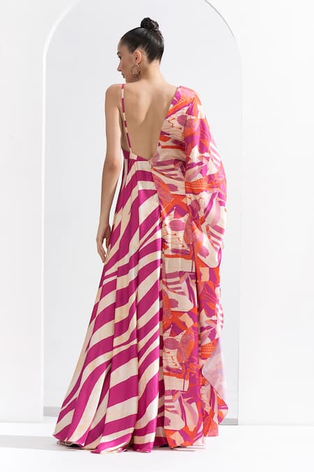 Mandira Wirk Resort_Pink Satin Embroidery V-neck Printed Blocked Kaftan _Online_at_Aza_Fashions