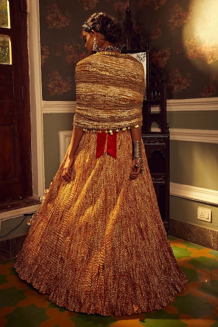 Shop_Etasha By Asha Jain_Red Velvet, Tissue Sequins, Tassels V-neck Metallic Flock Textured Lehenga Set _at_Aza_Fashions