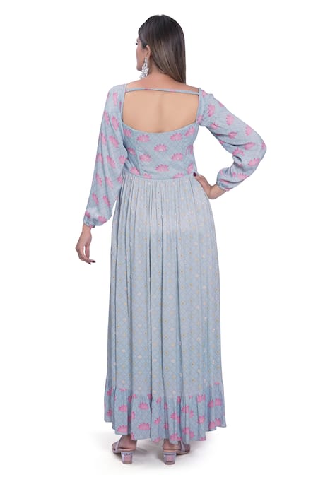 Shop Vana Ethnics Blue Viscose And Satin Sequin & Beads, Kamal Talai Print Square Neck Gown at Aza Fashions Shop_Vana Ethnics_Blue Viscose And Satin Sequin & Beads, Kamal Talai Print Square Neck Gown _at_Aza_Fashions