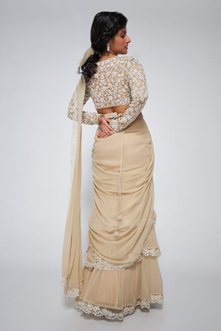 Shop Asaga Beige Silk, Georgette Bows, Embroidery Sweetheart Neck Kate Pre-draped Saree at Aza Fashions Shop_Asaga_Beige Silk, Georgette Bows, Embroidery Sweetheart Neck Kate Pre-draped Saree _at_Aza_Fashions