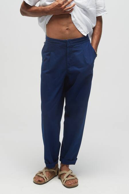 Shop Terra Luna Blue 100% Organic Handloom Oxford Cotton Solid Pleated Pant at Aza Fashions Shop_Terra Luna_Blue 100% Organic Handloom Oxford Cotton Solid Pleated Pant_at_Aza_Fashions