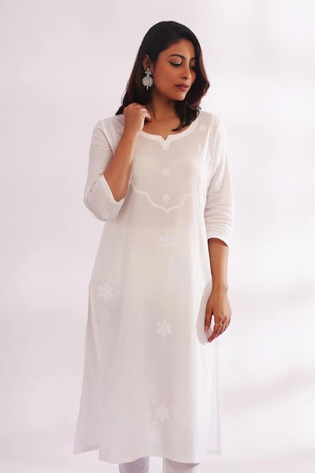 TIC White Cotton Cambric Embroidery Round Chikankari Kurta 