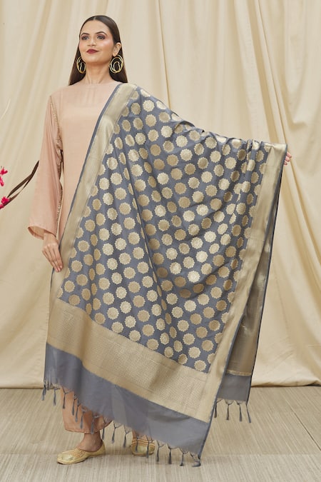 Shop Naintara Bajaj Grey Brocade Embroidery Banarasi Art Silk Dupatta at Aza Fashions Shop_Naintara Bajaj_Grey Brocade Embroidery Banarasi Art Silk Dupatta _at_Aza_Fashions
