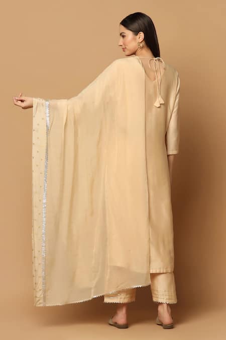 Shop Two Sisters By Gyans Beige Cotton, Chanderi Embroidery V-neck Kurta Set at Aza Fashions Shop_Two Sisters By Gyans_Beige Cotton, Chanderi Embroidery V-neck Kurta Set _at_Aza_Fashions