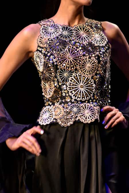 Shop_Nachiket Barve_Black Organza, Satin, Chiffon Beads, Embroidery Round Celestial Top Skirt Set _at_Aza_Fashions