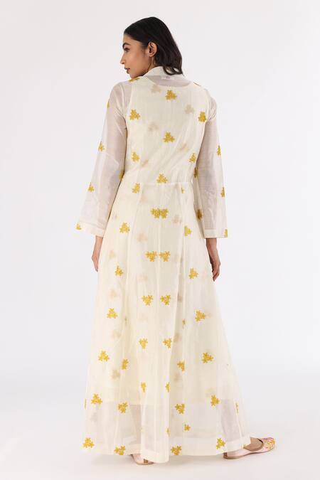 Shop Nakita Singh Off White Silk, Chanderi Embroidery Collared, Round Anarkali Jacket And Dress Set at Aza Fashions Shop_Nakita Singh_Off White Silk, Chanderi Embroidery Collared, Round Anarkali Jacket And Dress Set_at_Aza_Fashions