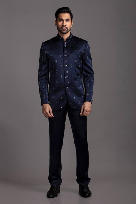 Shop Jayesh Shah Blue Polinosic Embroidered Thread Jodhpuri And Pant Set at Aza Fashions Shop_Jayesh Shah_Blue Polinosic Embroidered Thread Jodhpuri And Pant Set_at_Aza_Fashions