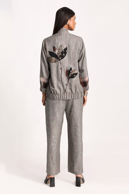 Shop Kritika Murarka Black , Wool Blend Lining Taffeta Lotus Applique Bomber Jacket at Aza Fashions Shop_Kritika Murarka_Black , Wool Blend Lining Taffeta Lotus Applique Bomber Jacket _at_Aza_Fashions